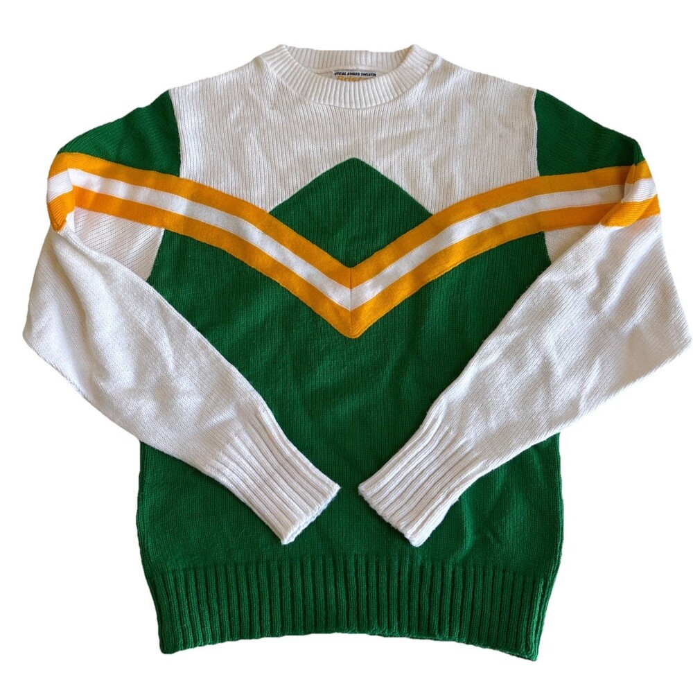 Vintage 70s Cheerleading Bristol Sweater Green Yellow White Chevron Size 38 USA